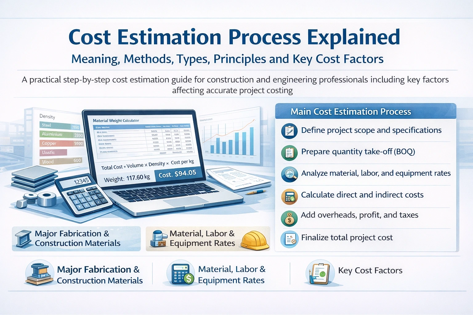 Cost Estimation Process Explained Meaning, Methods, Types, Principles and Key Cost Factors A practical step-by-step cost estimation guide for construction and engineering professional