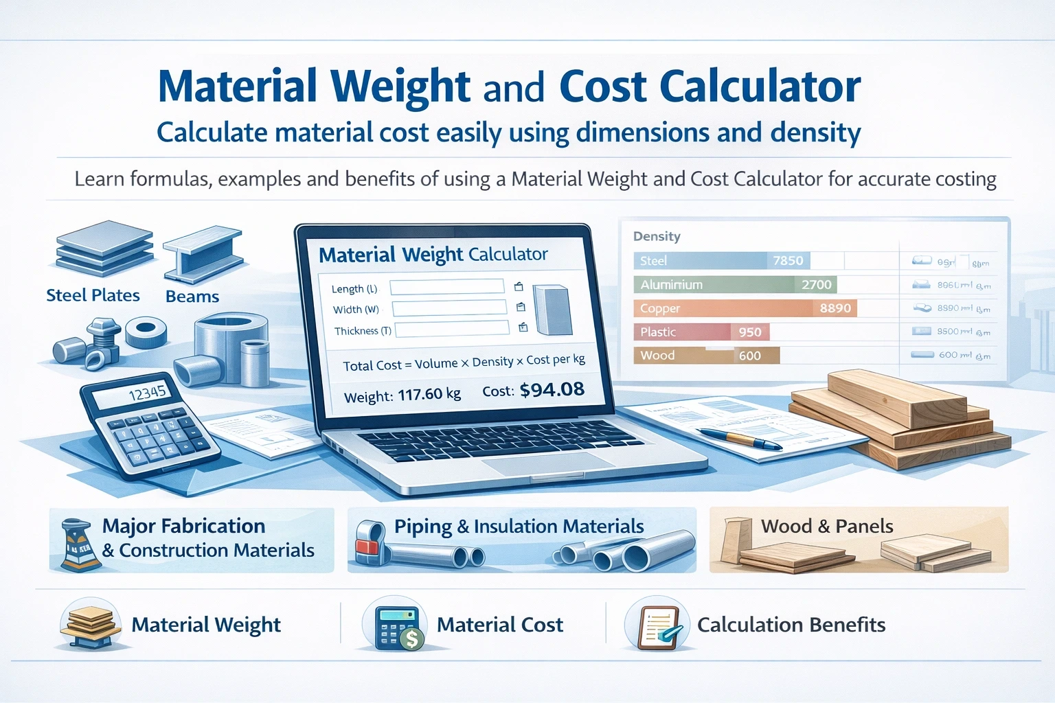 Material Weight and Cost Calculator Calculate material cost easily using dimensions and density. Learn formulas, examples and benefits